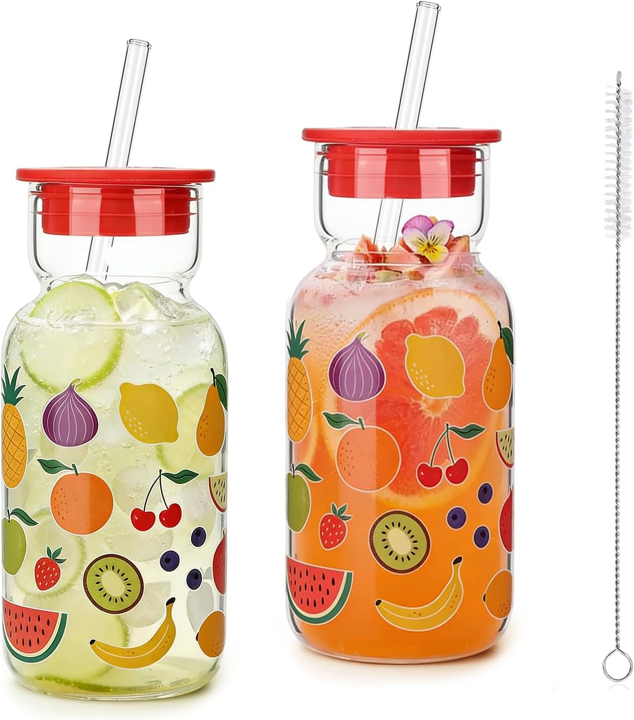 16oz Glass Water Bottle with Straw, Glass Tumbler Capacity Mark Juice Bottles Iced Coffee Cups Leak Proof BPA Free Glass for Car Cup Holder, Office, Travel [2 Pack]