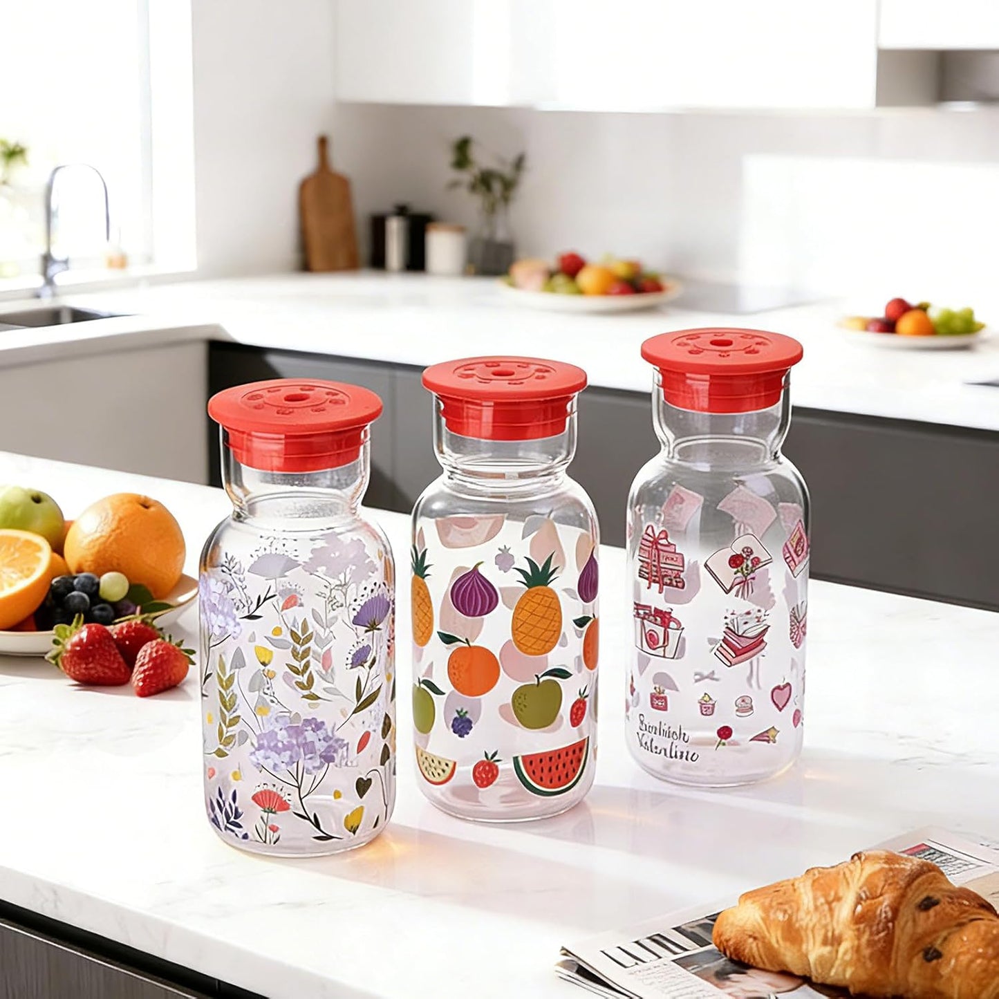 16oz Glass Water Bottle with Straw, Glass Tumbler Capacity Mark Juice Bottles Iced Coffee Cups Leak Proof BPA Free Glass for Car Cup Holder, Office, Travel [2 Pack]