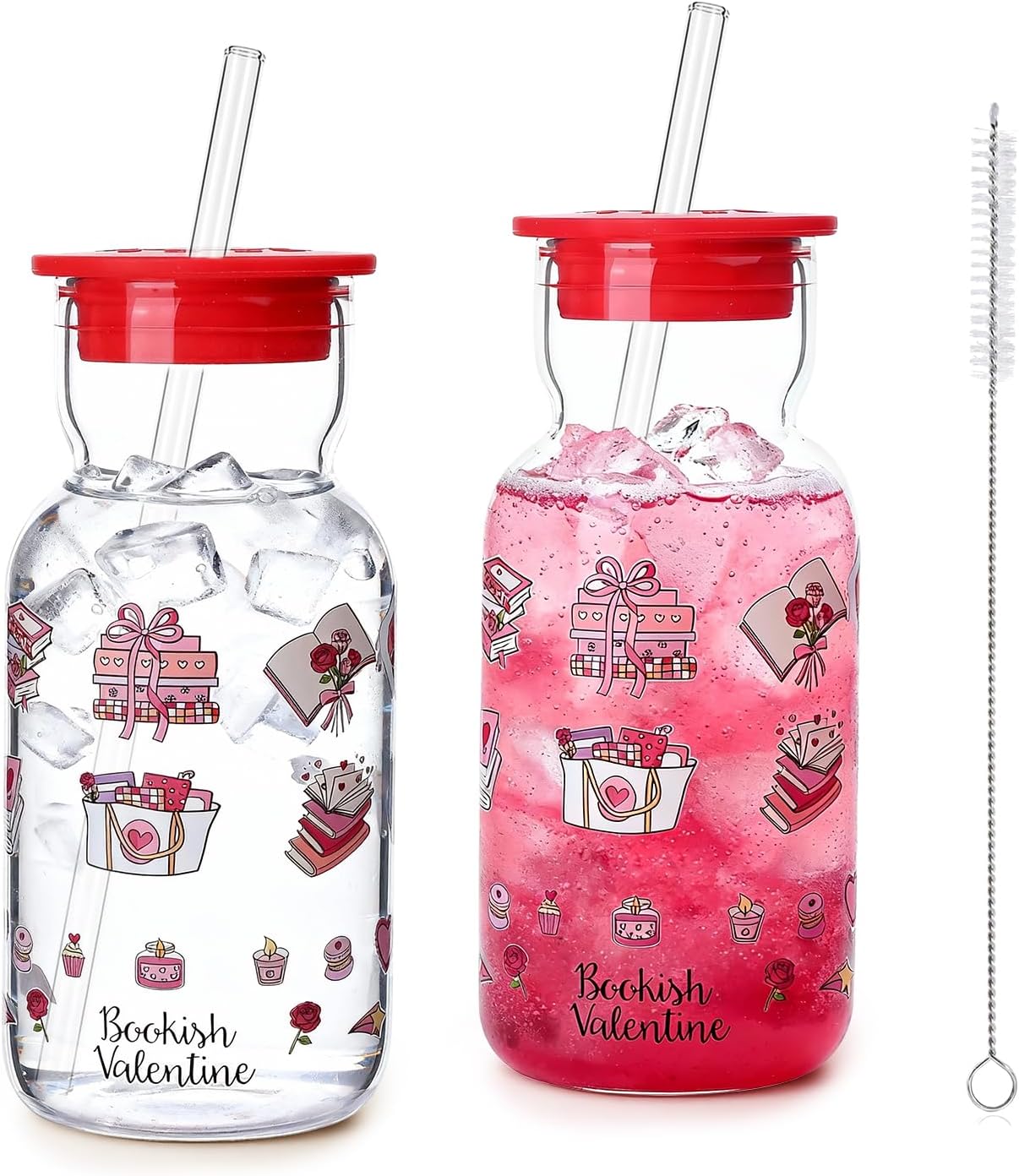 16oz Glass Water Bottle with Straw, Glass Tumbler Capacity Mark Juice Bottles Iced Coffee Cups Leak Proof BPA Free Glass for Car Cup Holder, Office, Travel [2 Pack]