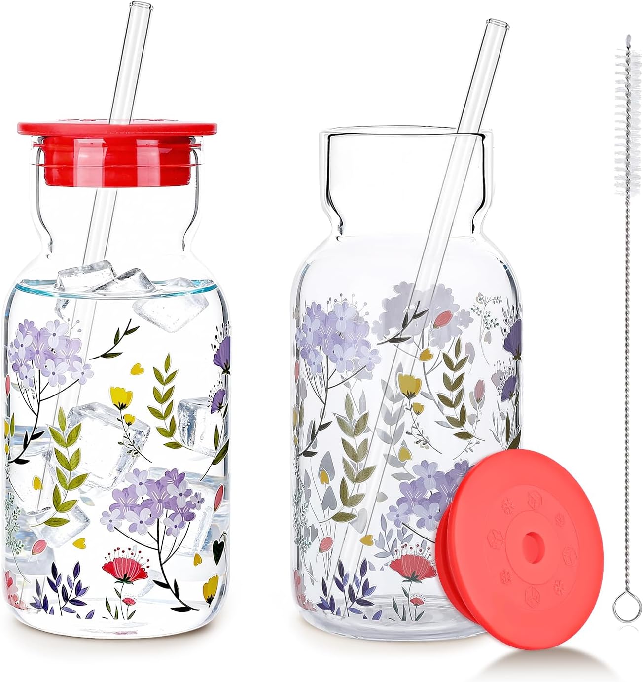 16oz Glass Water Bottle with Straw, Glass Tumbler Capacity Mark Juice Bottles Iced Coffee Cups Leak Proof BPA Free Glass for Car Cup Holder, Office, Travel [2 Pack]