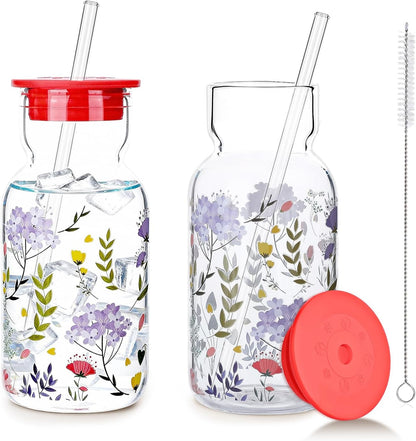 16oz Glass Water Bottle with Straw, Glass Tumbler Capacity Mark Juice Bottles Iced Coffee Cups Leak Proof BPA Free Glass for Car Cup Holder, Office, Travel [2 Pack]
