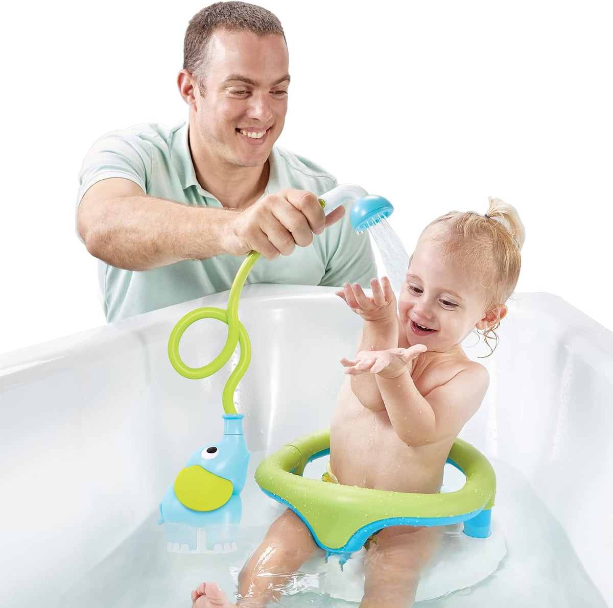 Baby Bath Shower Head - Elephant Water Pump and Trunk Spout Sprayer - One Handed Flow Control for Newborn Babies in Tub Or Sink (Turquoise)