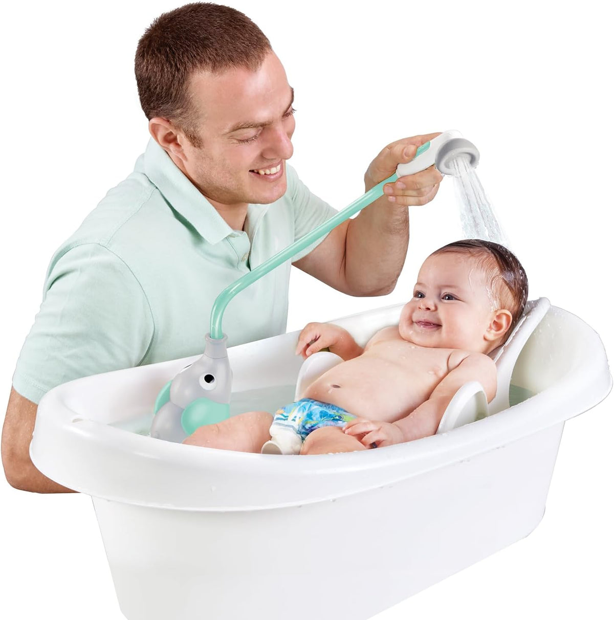 Baby Bath Shower Head - Elephant Water Pump and Trunk Spout Sprayer - One Handed Flow Control for Newborn Babies in Tub Or Sink (Turquoise)