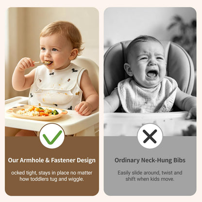 Baby Bibs for Eating,Baby Smock bib with Silicone Catcher, Waterproof Baby Bib Shirt, Baby Feeding Bib for boys & girls, Easy Clean, 6-24M(Beige Love)