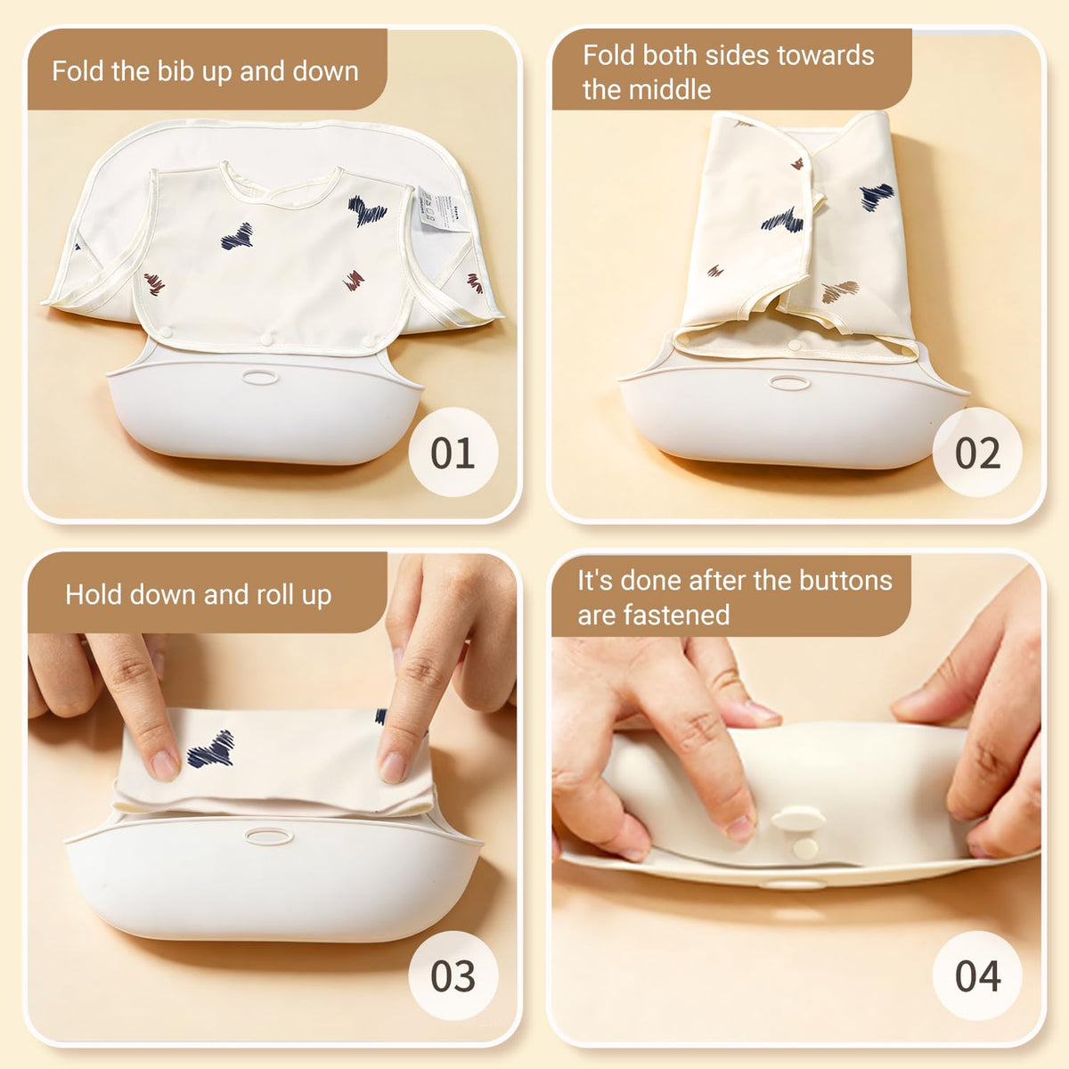 Baby Bibs for Eating,Baby Smock bib with Silicone Catcher, Waterproof Baby Bib Shirt, Baby Feeding Bib for boys & girls, Easy Clean, 6-24M(Beige Love)