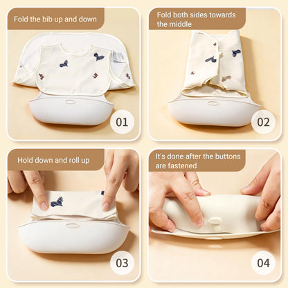 Baby Bibs for Eating,Baby Smock bib with Silicone Catcher, Waterproof Baby Bib Shirt, Baby Feeding Bib for boys & girls, Easy Clean, 6-24M(Beige Love)