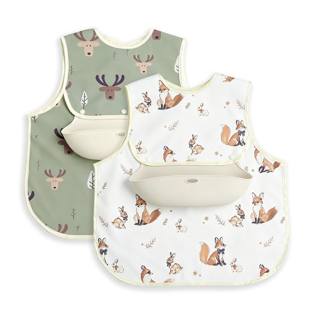 Baby Bibs for Eating,Baby Smock bib with Silicone Catcher, Waterproof Baby Bib Shirt, Baby Feeding Bib for boys & girls, Easy Clean, 6-24M(Beige Love)
