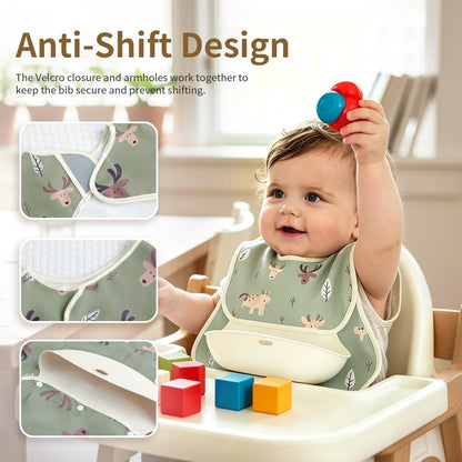 Baby Bibs for Eating,Baby Smock bib with Silicone Catcher, Waterproof Baby Bib Shirt, Baby Feeding Bib for boys & girls, Easy Clean, 6-24M(Beige Love)