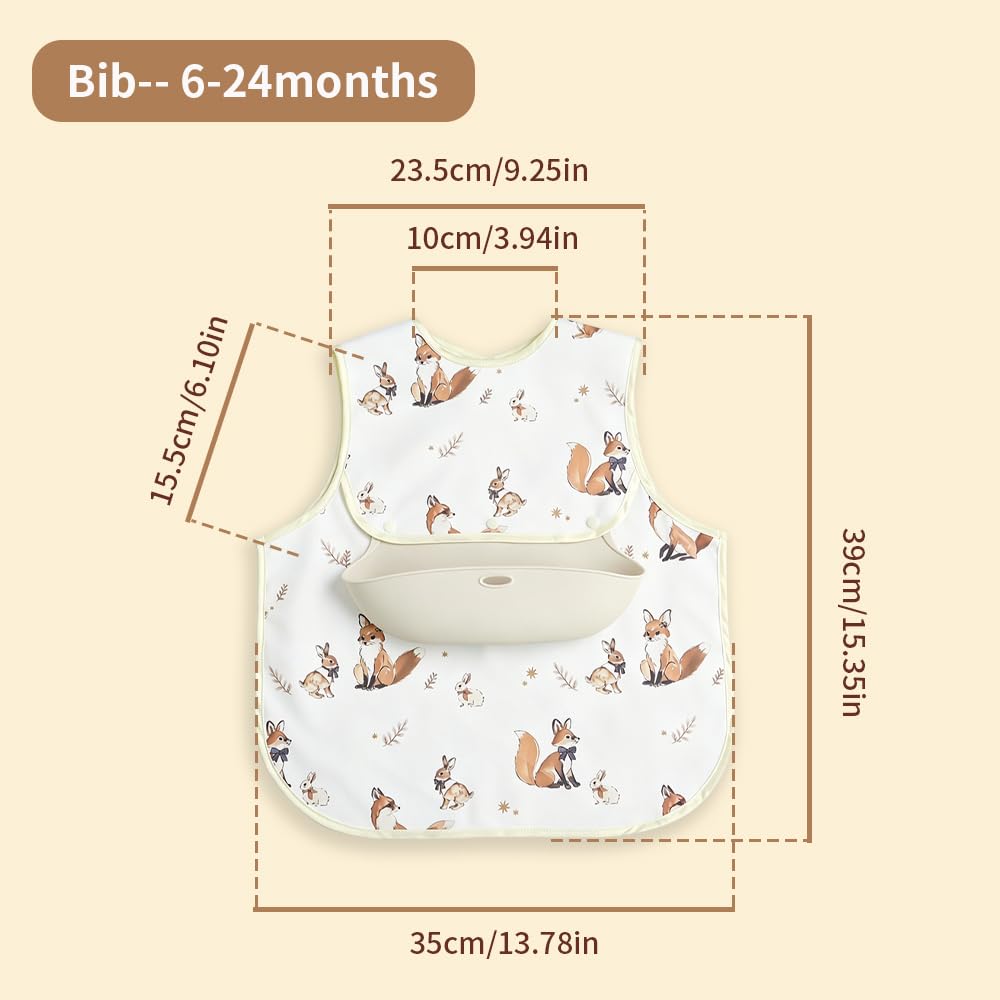 Baby Bibs for Eating,Baby Smock bib with Silicone Catcher, Waterproof Baby Bib Shirt, Baby Feeding Bib for boys & girls, Easy Clean, 6-24M(Beige Love)