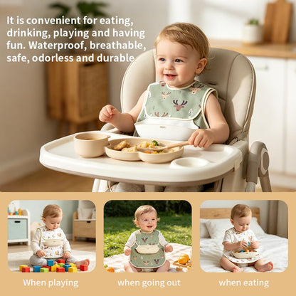 Baby Bibs for Eating,Baby Smock bib with Silicone Catcher, Waterproof Baby Bib Shirt, Baby Feeding Bib for boys & girls, Easy Clean, 6-24M(Beige Love)