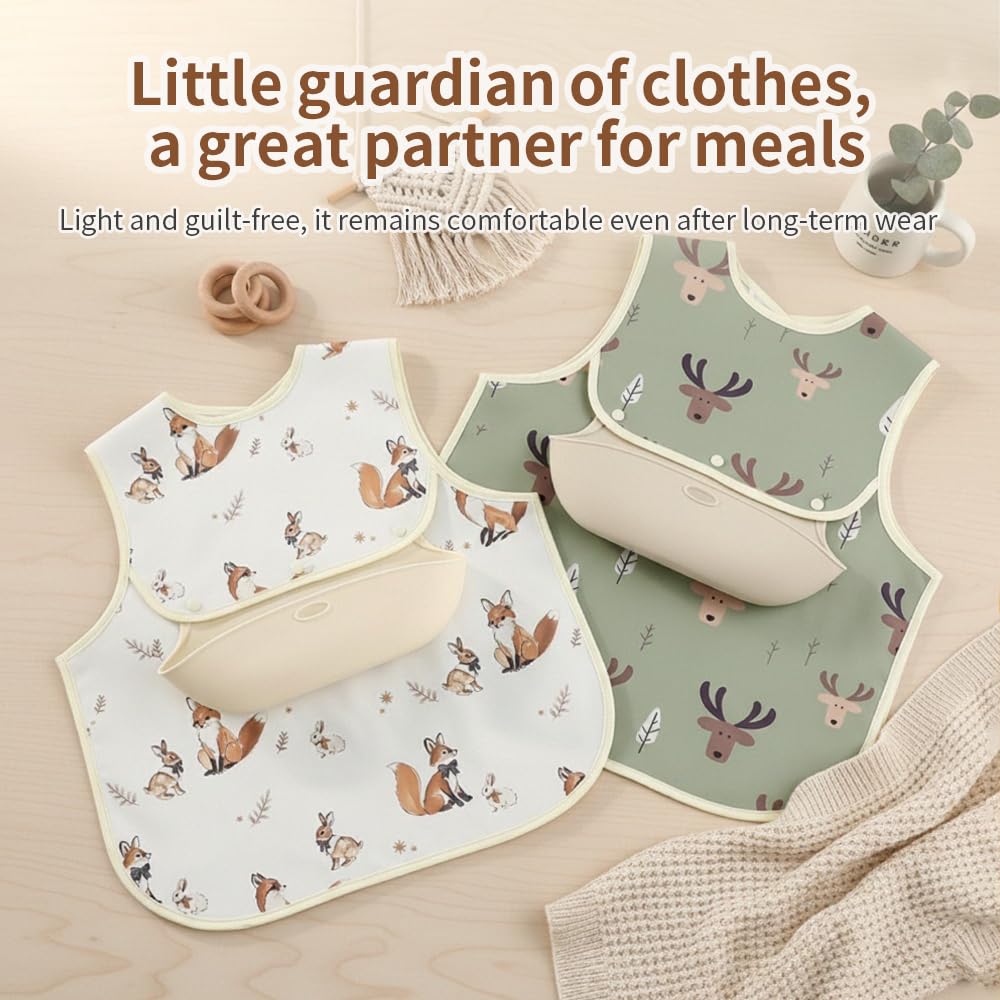 Baby Bibs for Eating,Baby Smock bib with Silicone Catcher, Waterproof Baby Bib Shirt, Baby Feeding Bib for boys & girls, Easy Clean, 6-24M(Beige Love)