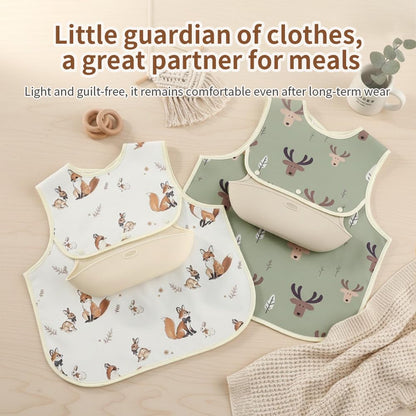 Baby Bibs for Eating,Baby Smock bib with Silicone Catcher, Waterproof Baby Bib Shirt, Baby Feeding Bib for boys & girls, Easy Clean, 6-24M(Beige Love)