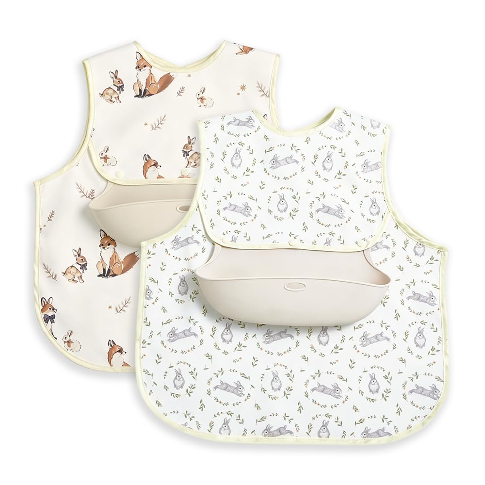 Baby Bibs for Eating,Baby Smock bib with Silicone Catcher, Waterproof Baby Bib Shirt, Baby Feeding Bib for boys & girls, Easy Clean, 6-24M(Beige Love)