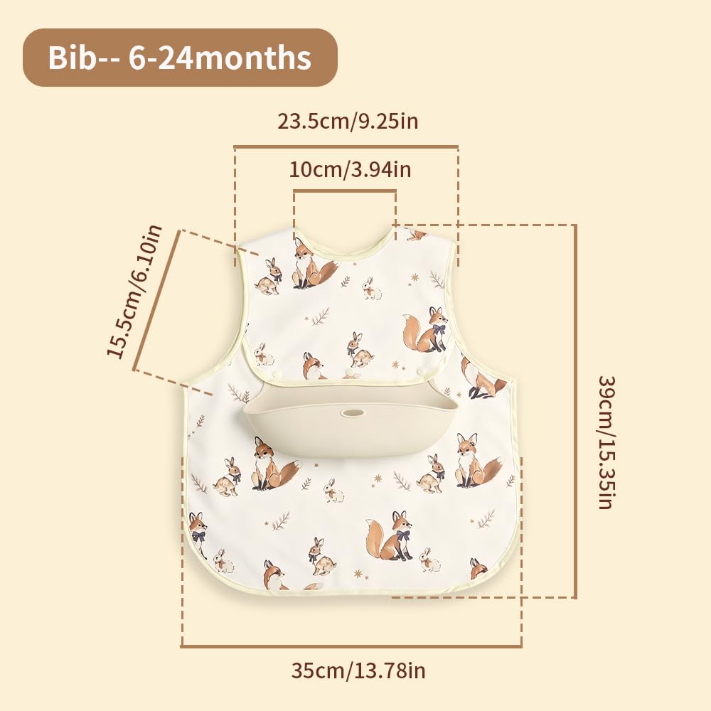 Baby Bibs for Eating,Baby Smock bib with Silicone Catcher, Waterproof Baby Bib Shirt, Baby Feeding Bib for boys & girls, Easy Clean, 6-24M(Beige Love)
