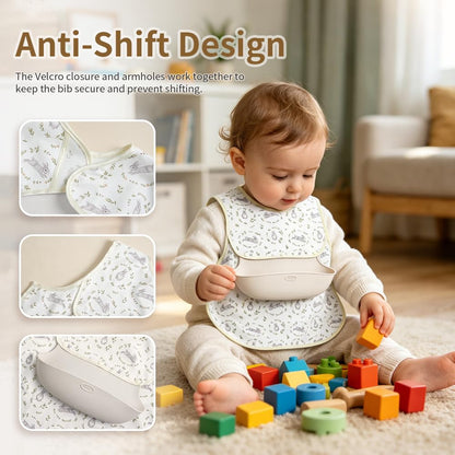 Baby Bibs for Eating,Baby Smock bib with Silicone Catcher, Waterproof Baby Bib Shirt, Baby Feeding Bib for boys & girls, Easy Clean, 6-24M(Beige Love)