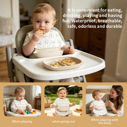 Baby Bibs for Eating,Baby Smock bib with Silicone Catcher, Waterproof Baby Bib Shirt, Baby Feeding Bib for boys & girls, Easy Clean, 6-24M(Beige Love)
