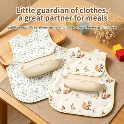 Baby Bibs for Eating,Baby Smock bib with Silicone Catcher, Waterproof Baby Bib Shirt, Baby Feeding Bib for boys & girls, Easy Clean, 6-24M(Beige Love)