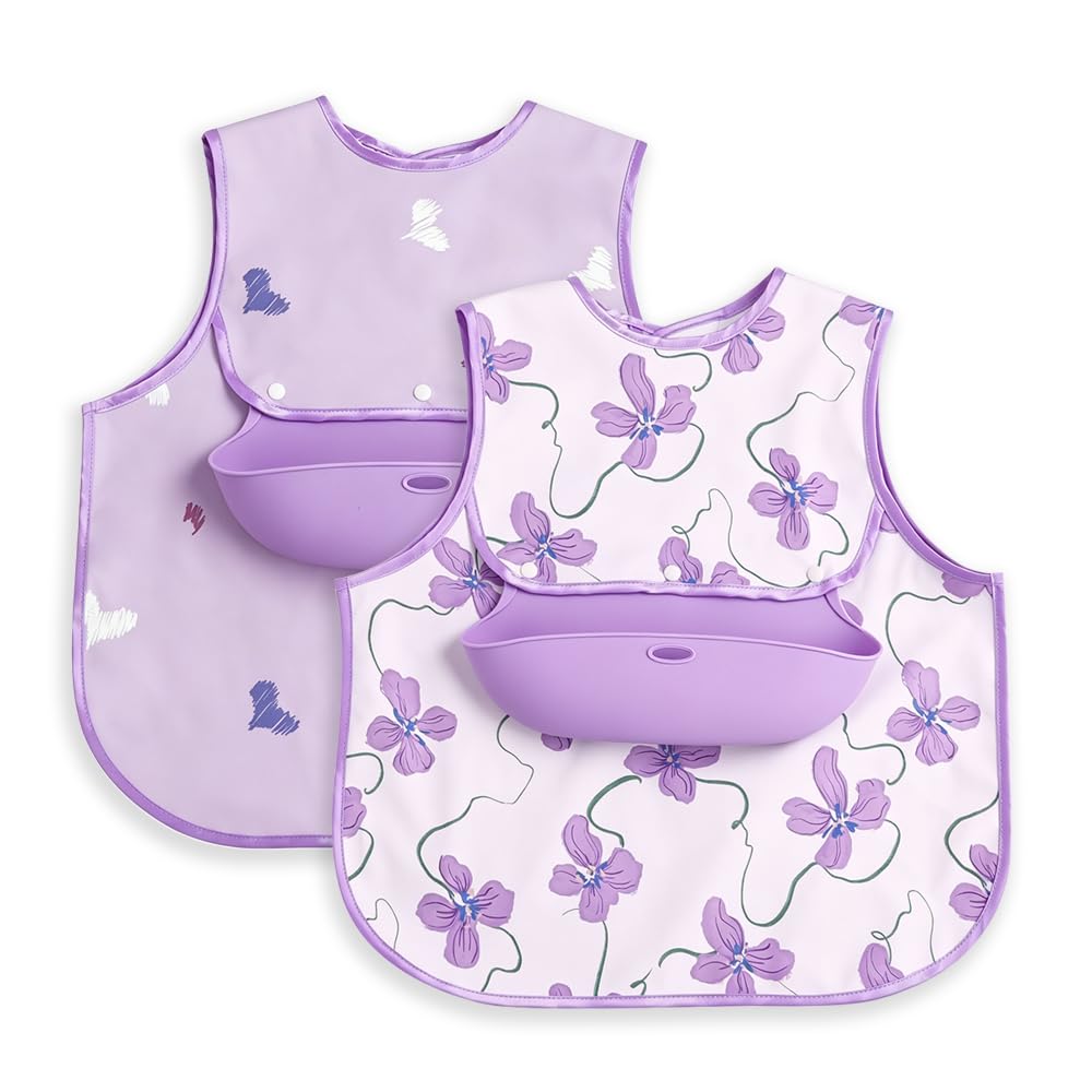 Baby Bibs for Eating,Baby Smock bib with Silicone Catcher, Waterproof Baby Bib Shirt, Baby Feeding Bib for boys & girls, Easy Clean, 6-24M(Beige Love)