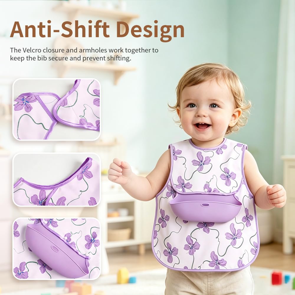 Baby Bibs for Eating,Baby Smock bib with Silicone Catcher, Waterproof Baby Bib Shirt, Baby Feeding Bib for boys & girls, Easy Clean, 6-24M(Beige Love)