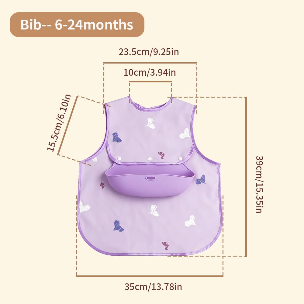 Baby Bibs for Eating,Baby Smock bib with Silicone Catcher, Waterproof Baby Bib Shirt, Baby Feeding Bib for boys & girls, Easy Clean, 6-24M(Beige Love)