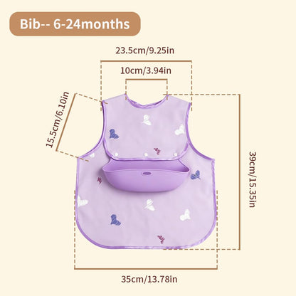 Baby Bibs for Eating,Baby Smock bib with Silicone Catcher, Waterproof Baby Bib Shirt, Baby Feeding Bib for boys & girls, Easy Clean, 6-24M(Beige Love)