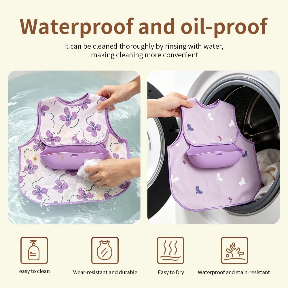 Baby Bibs for Eating,Baby Smock bib with Silicone Catcher, Waterproof Baby Bib Shirt, Baby Feeding Bib for boys & girls, Easy Clean, 6-24M(Beige Love)