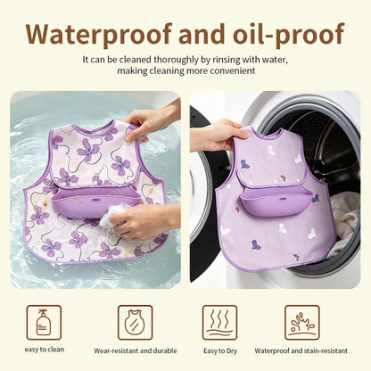 Baby Bibs for Eating,Baby Smock bib with Silicone Catcher, Waterproof Baby Bib Shirt, Baby Feeding Bib for boys & girls, Easy Clean, 6-24M(Beige Love)