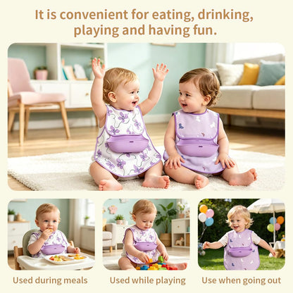 Baby Bibs for Eating,Baby Smock bib with Silicone Catcher, Waterproof Baby Bib Shirt, Baby Feeding Bib for boys & girls, Easy Clean, 6-24M(Beige Love)