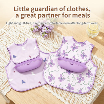 Baby Bibs for Eating,Baby Smock bib with Silicone Catcher, Waterproof Baby Bib Shirt, Baby Feeding Bib for boys & girls, Easy Clean, 6-24M(Beige Love)