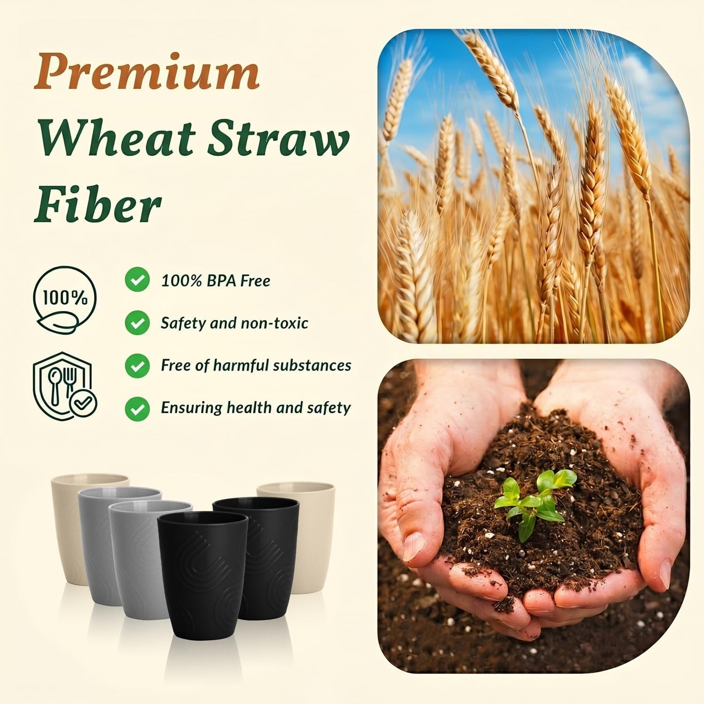 Wheat Straw Cups 12oz Unbreakable & Easy to Clean Cups Reusable Outdoor Drinking Cups for Travel,Camping,Picnic, Refrigerator and Dishwasher Safe Stackable Water Tumblers- White