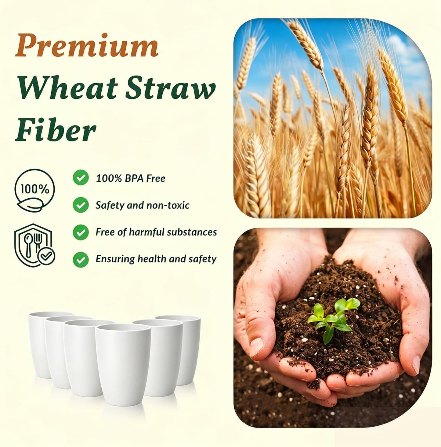 Wheat Straw Cups 12oz Unbreakable & Easy to Clean Cups Reusable Outdoor Drinking Cups for Travel,Camping,Picnic, Refrigerator and Dishwasher Safe Stackable Water Tumblers- White