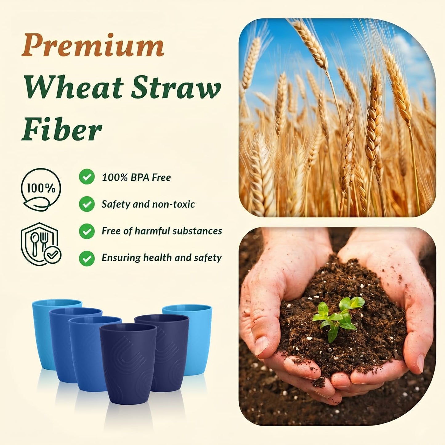 Wheat Straw Cups 12oz Unbreakable & Easy to Clean Cups Reusable Outdoor Drinking Cups for Travel,Camping,Picnic, Refrigerator and Dishwasher Safe Stackable Water Tumblers- White