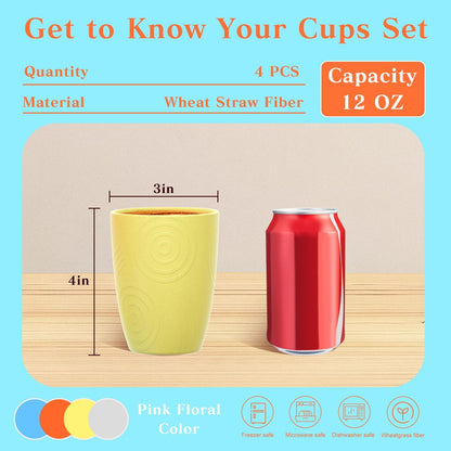 Wheat Straw Cups 12oz Unbreakable & Easy to Clean Cups Reusable Outdoor Drinking Cups for Travel,Camping,Picnic, Refrigerator and Dishwasher Safe Stackable Water Tumblers- White