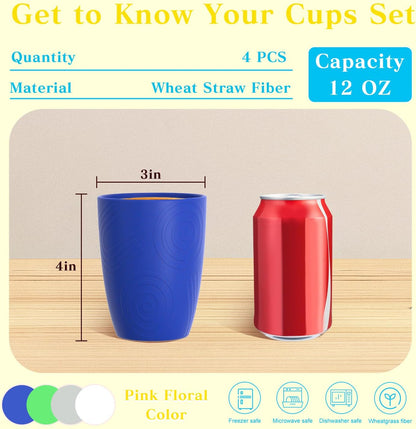 Wheat Straw Cups 12oz Unbreakable & Easy to Clean Cups Reusable Outdoor Drinking Cups for Travel,Camping,Picnic, Refrigerator and Dishwasher Safe Stackable Water Tumblers- White