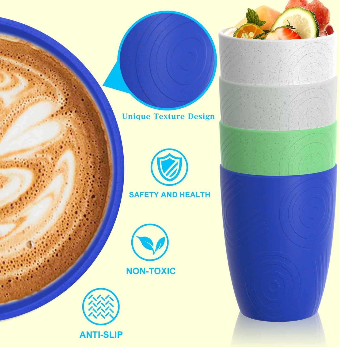 Wheat Straw Cups 12oz Unbreakable & Easy to Clean Cups Reusable Outdoor Drinking Cups for Travel,Camping,Picnic, Refrigerator and Dishwasher Safe Stackable Water Tumblers- White