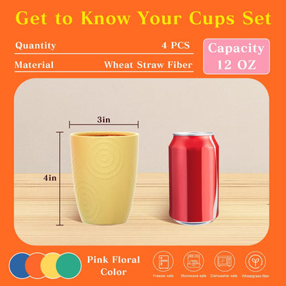 Wheat Straw Cups 12oz Unbreakable & Easy to Clean Cups Reusable Outdoor Drinking Cups for Travel,Camping,Picnic, Refrigerator and Dishwasher Safe Stackable Water Tumblers- White