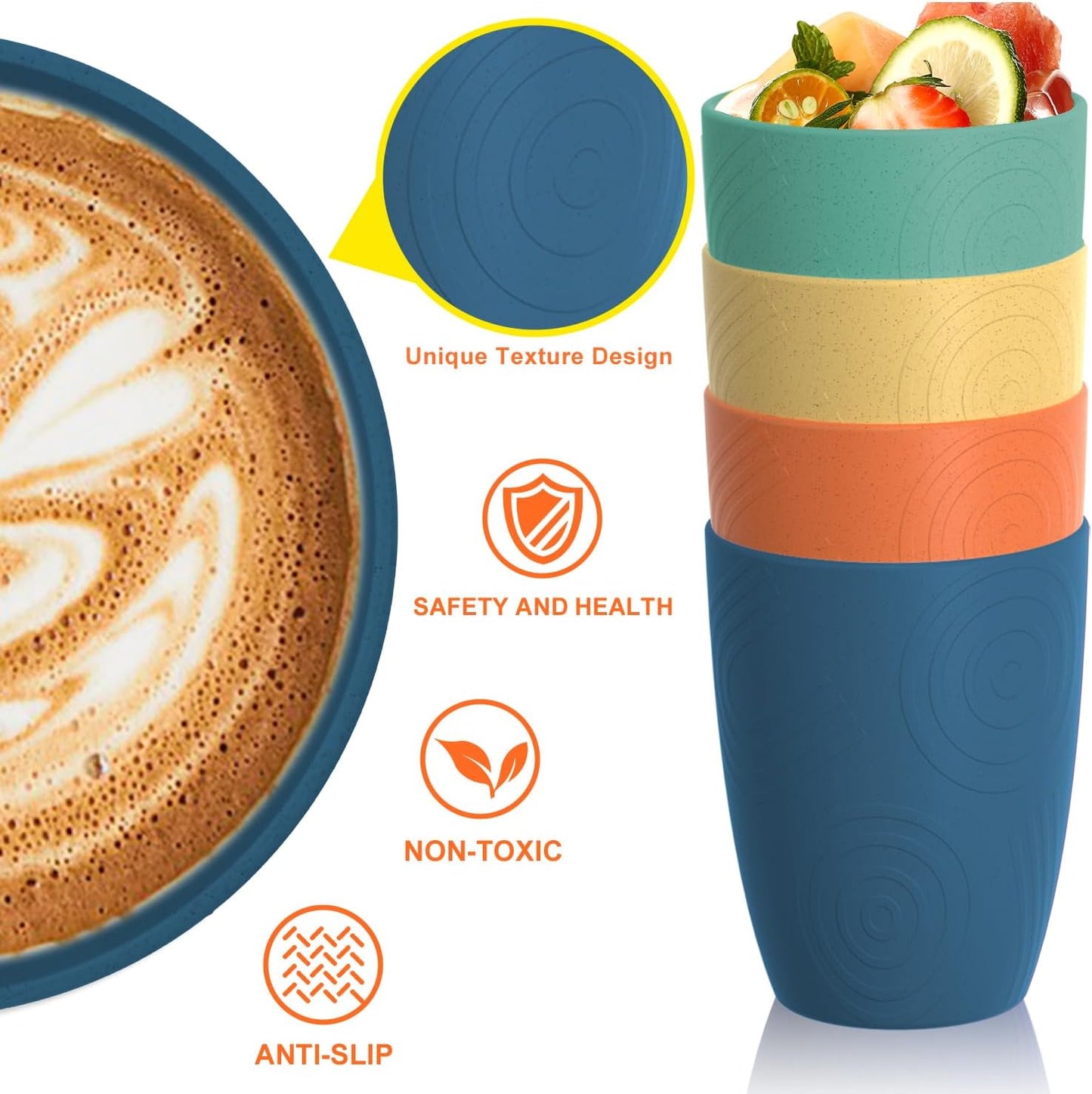 Wheat Straw Cups 12oz Unbreakable & Easy to Clean Cups Reusable Outdoor Drinking Cups for Travel,Camping,Picnic, Refrigerator and Dishwasher Safe Stackable Water Tumblers- White