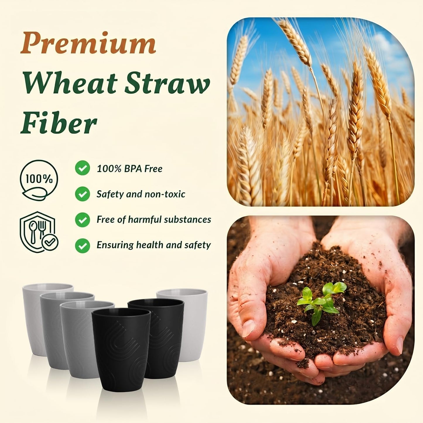Wheat Straw Cups 12oz Unbreakable & Easy to Clean Cups Reusable Outdoor Drinking Cups for Travel,Camping,Picnic, Refrigerator and Dishwasher Safe Stackable Water Tumblers- White