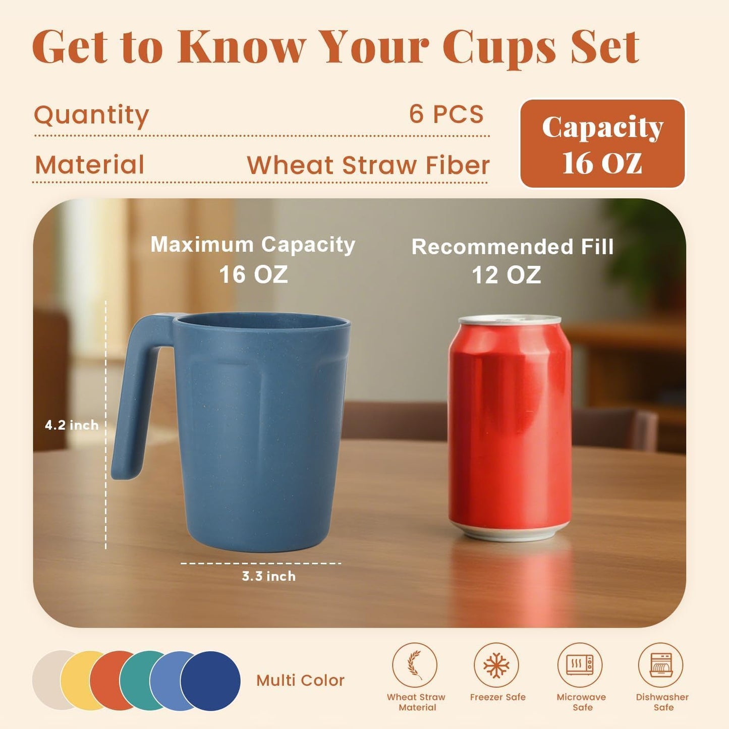 Wheat Straw Cups 12oz Unbreakable & Easy to Clean Cups Reusable Outdoor Drinking Cups for Travel,Camping,Picnic, Refrigerator and Dishwasher Safe Stackable Water Tumblers- White