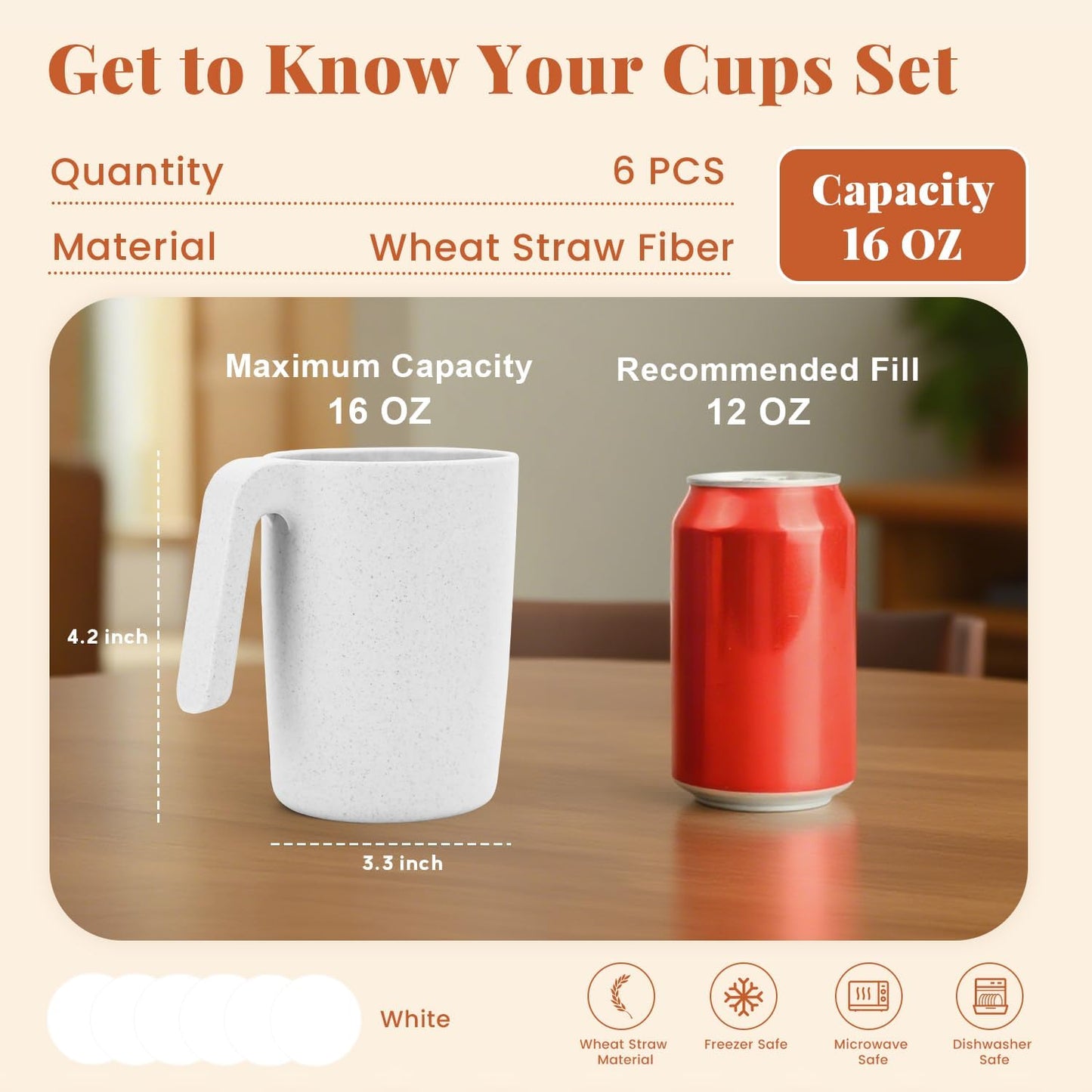 Wheat Straw Cups 12oz Unbreakable & Easy to Clean Cups Reusable Outdoor Drinking Cups for Travel,Camping,Picnic, Refrigerator and Dishwasher Safe Stackable Water Tumblers- White