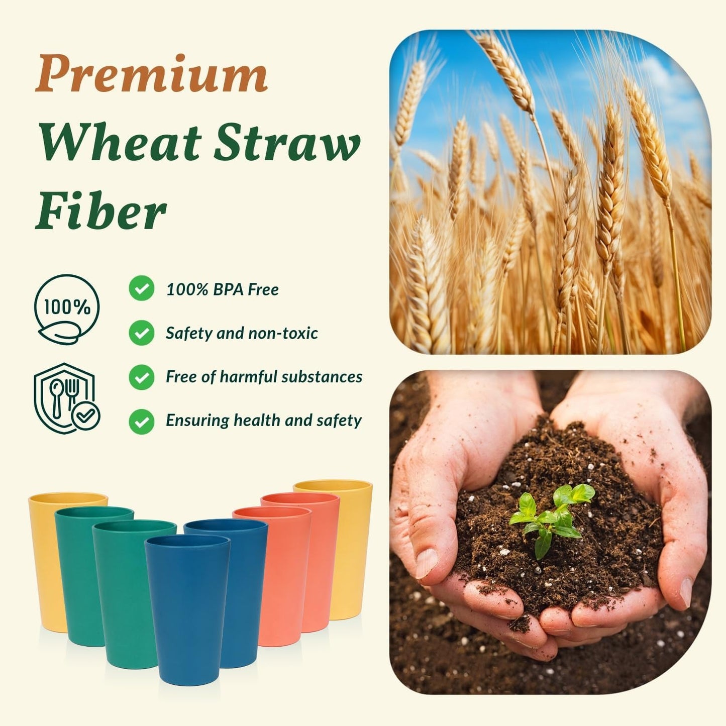 Wheat Straw Cups 12oz Unbreakable & Easy to Clean Cups Reusable Outdoor Drinking Cups for Travel,Camping,Picnic, Refrigerator and Dishwasher Safe Stackable Water Tumblers- White