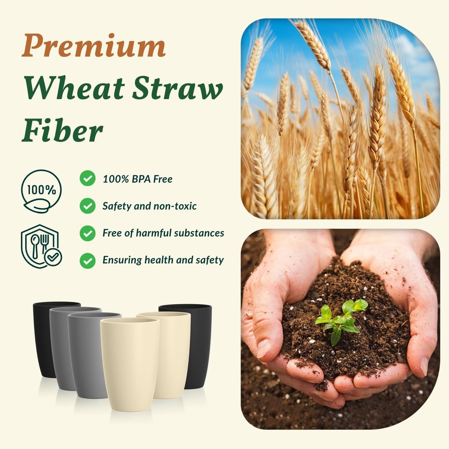 Wheat Straw Cups 12oz Unbreakable & Easy to Clean Cups Reusable Outdoor Drinking Cups for Travel,Camping,Picnic, Refrigerator and Dishwasher Safe Stackable Water Tumblers- White