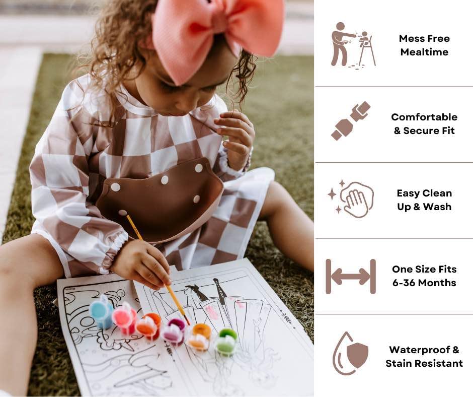Mess Proof Baby Bibs, Long Sleeve Toddler Feeding Bib and Silicone Catcher, Chair Attaching, Waterproof, 6-36 Months