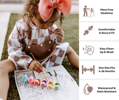 Mess Proof Baby Bibs, Long Sleeve Toddler Feeding Bib and Silicone Catcher, Chair Attaching, Waterproof, 6-36 Months