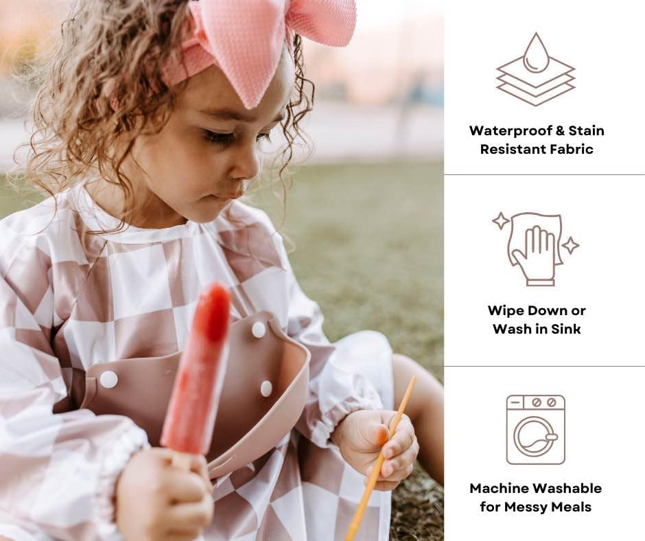 Mess Proof Baby Bibs, Long Sleeve Toddler Feeding Bib and Silicone Catcher, Chair Attaching, Waterproof, 6-36 Months