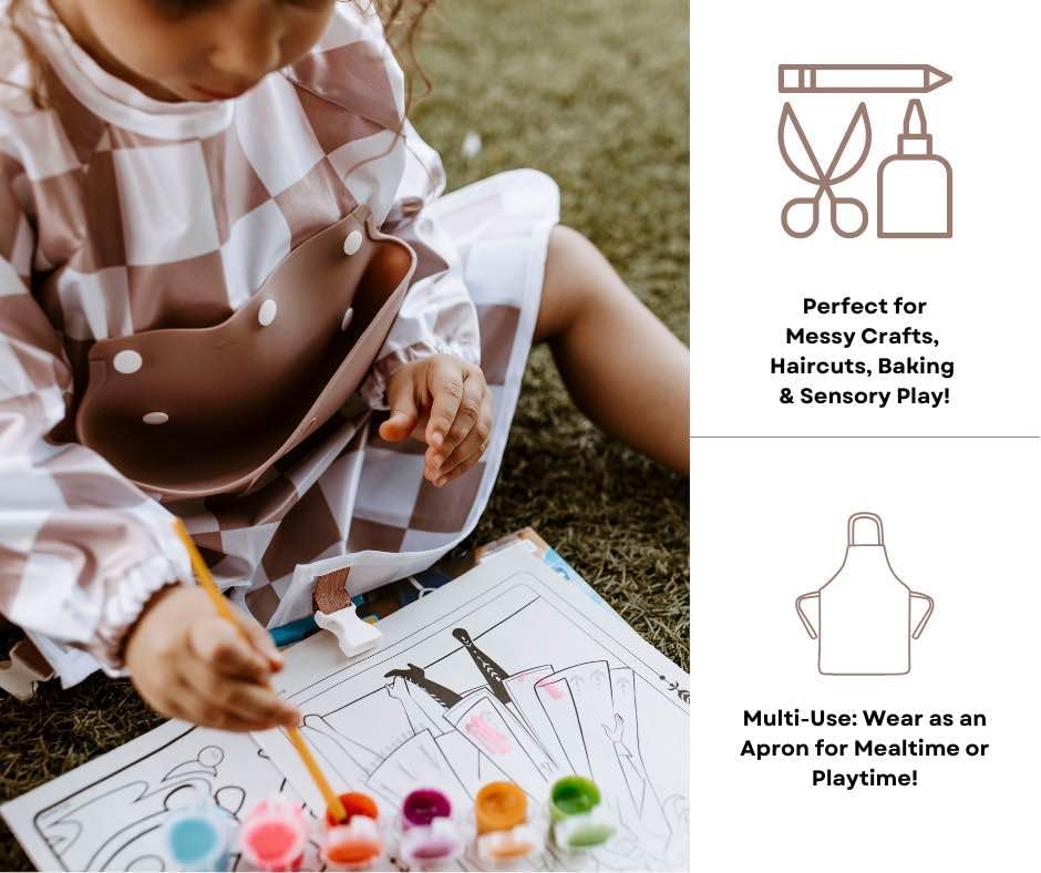 Mess Proof Baby Bibs, Long Sleeve Toddler Feeding Bib and Silicone Catcher, Chair Attaching, Waterproof, 6-36 Months