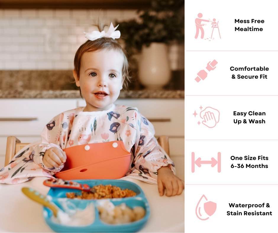 Mess Proof Baby Bibs, Long Sleeve Toddler Feeding Bib and Silicone Catcher, Chair Attaching, Waterproof, 6-36 Months