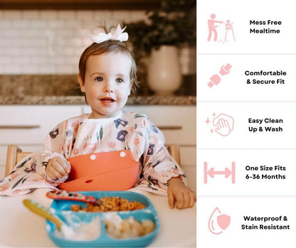 Mess Proof Baby Bibs, Long Sleeve Toddler Feeding Bib and Silicone Catcher, Chair Attaching, Waterproof, 6-36 Months