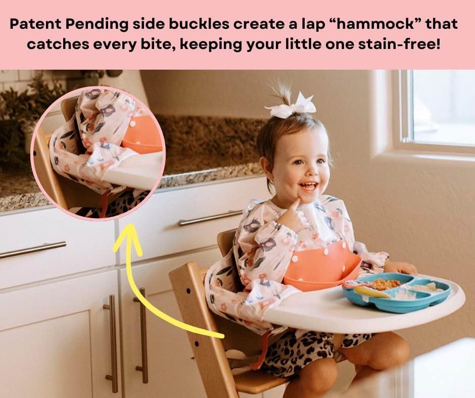 Mess Proof Baby Bibs, Long Sleeve Toddler Feeding Bib and Silicone Catcher, Chair Attaching, Waterproof, 6-36 Months