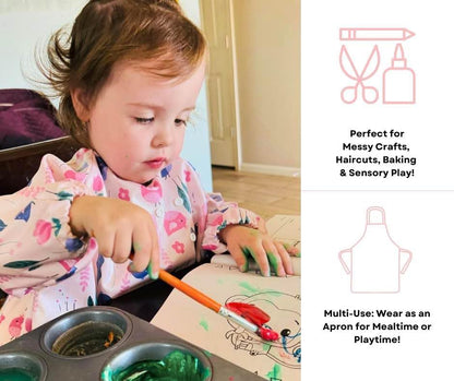 Mess Proof Baby Bibs, Long Sleeve Toddler Feeding Bib and Silicone Catcher, Chair Attaching, Waterproof, 6-36 Months